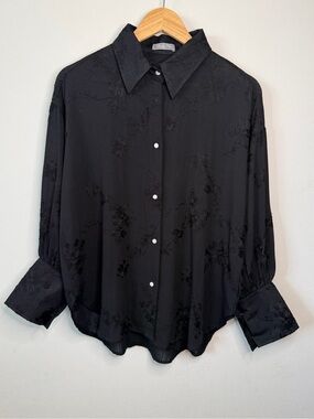 Black Floral Jacquard Button-Up Blouse